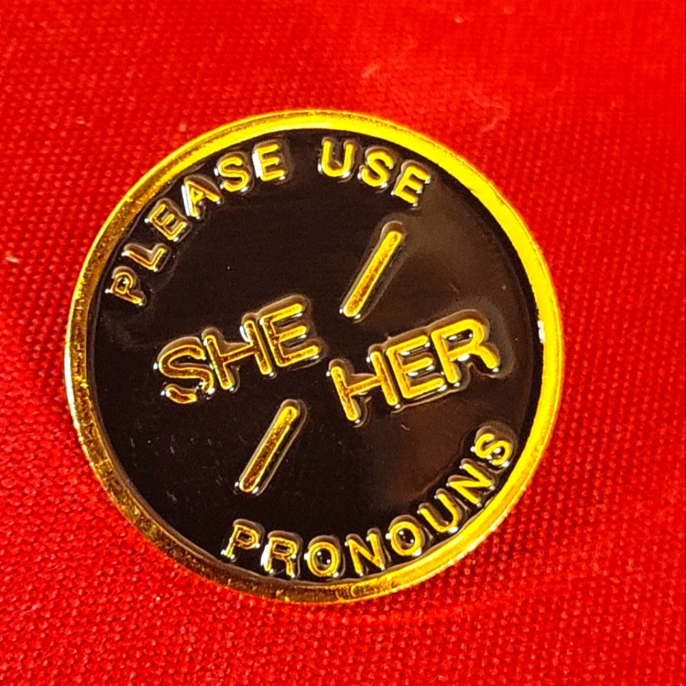 She / Her Pronoun Pin Badge LGTBQ Transgender Black Enamel Planchette Pronouns